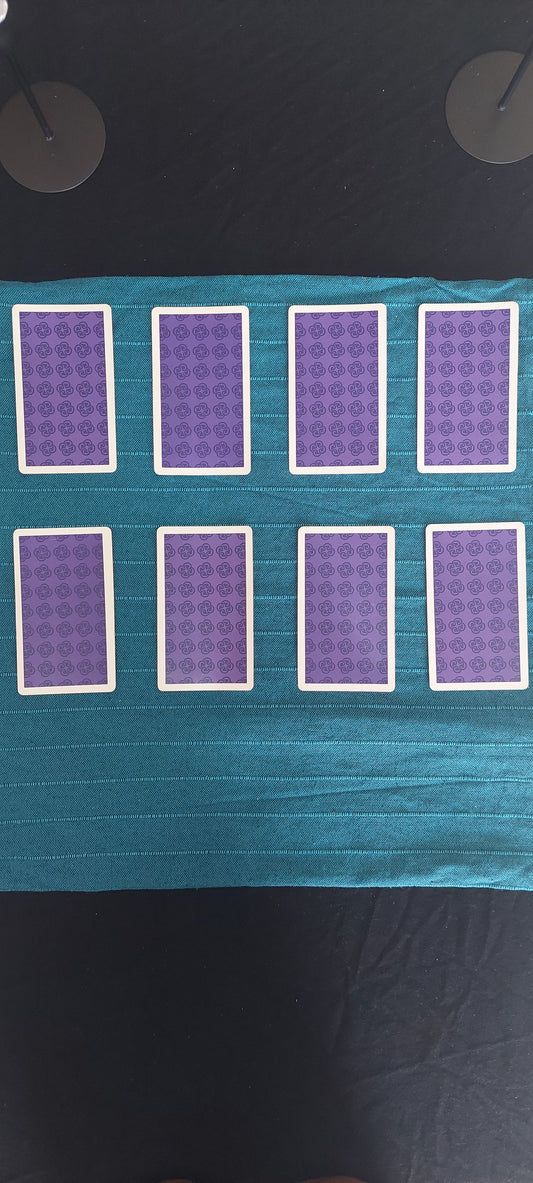 8 Tarot cards on a blue cloth facing down